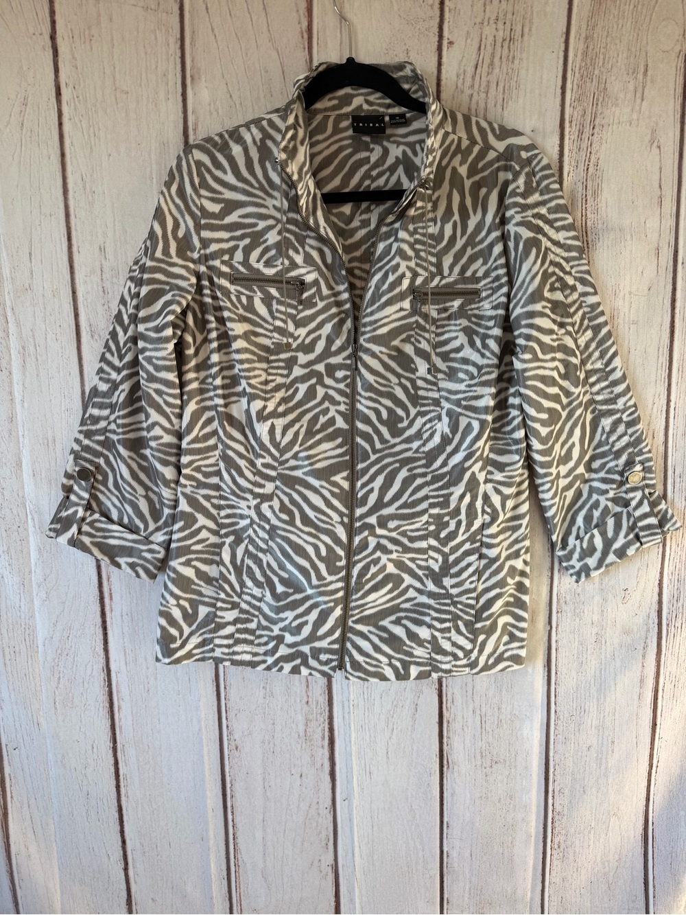 Tribal Women's Zebra Print Zip-Up Lightweight Jacket with Roll-Tab Sleeves